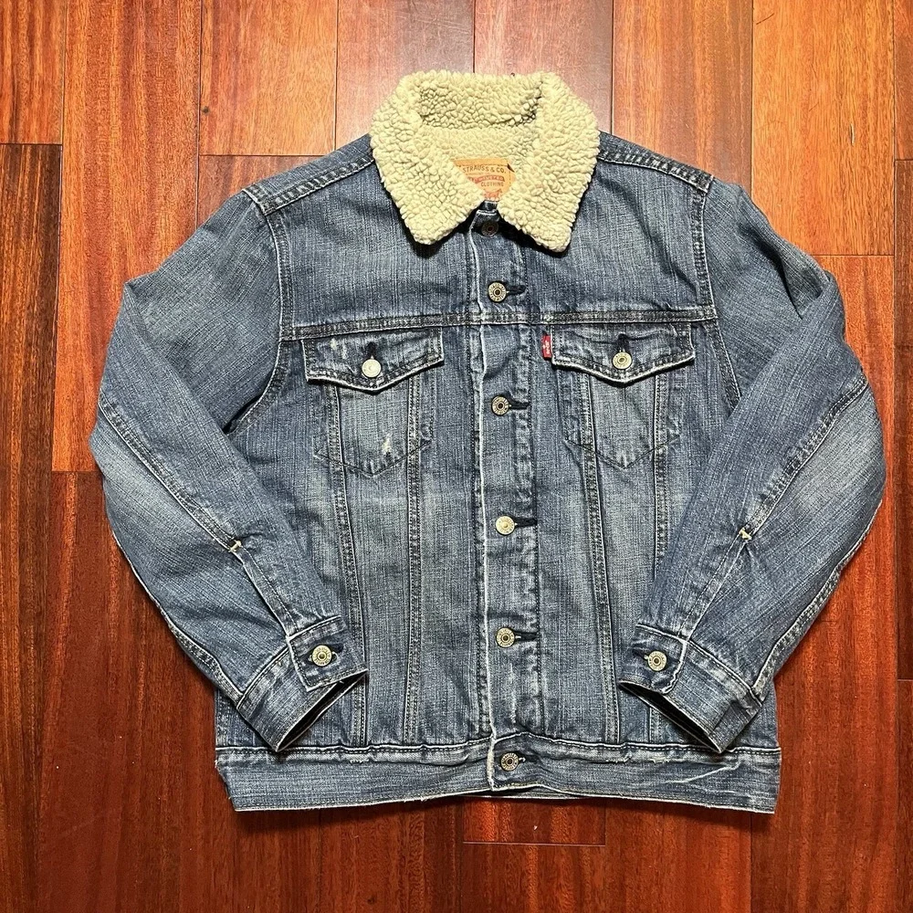 Levis Trucker Jacket Mens Medium Blue Jean Coat 58104 Sherpa DISTRESSED Y2K Era